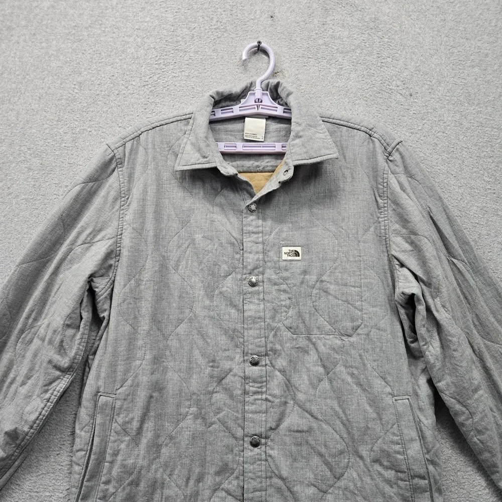 The North Face Men Jacket L Gray Quilted Overshirt Shacket Button Up Logo Collar